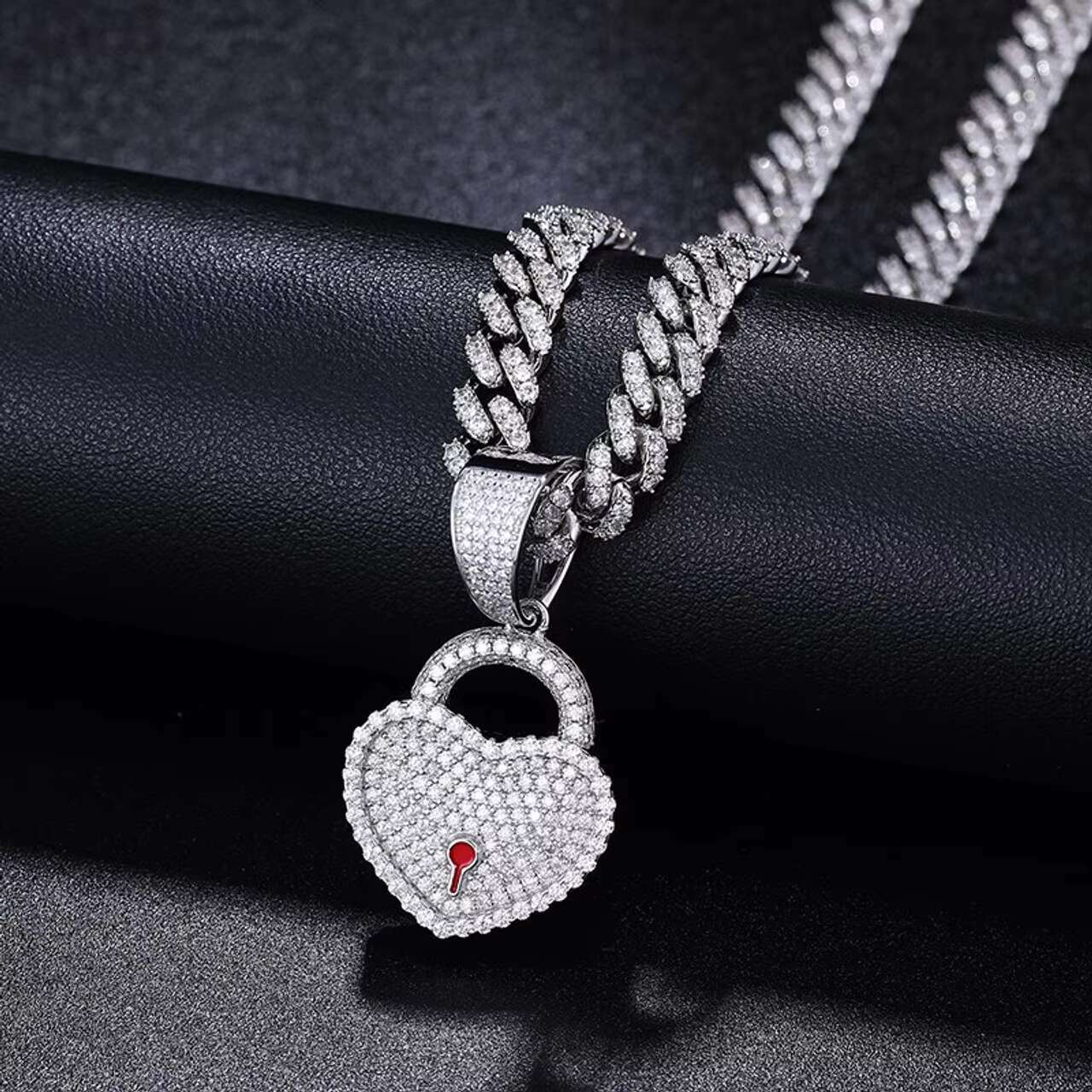 Luxury New 925 Sterling Silver Moissanite Necklace with Iced Blinged out Heart on Lock Pendant in Hip Hop Style