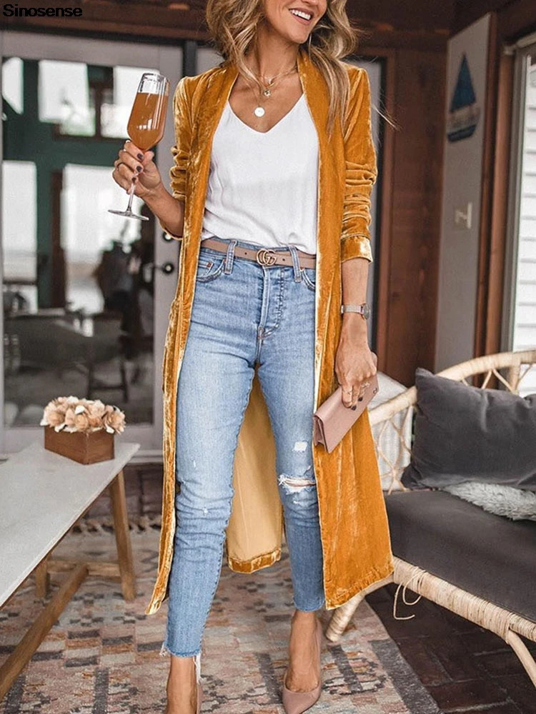 Women Solid Long Sleeve Velvet Jacket Lapel Collar Open Front Long Cardigan Coat With Pockets Fall Fashion Outerwear Maxi Duster 250617