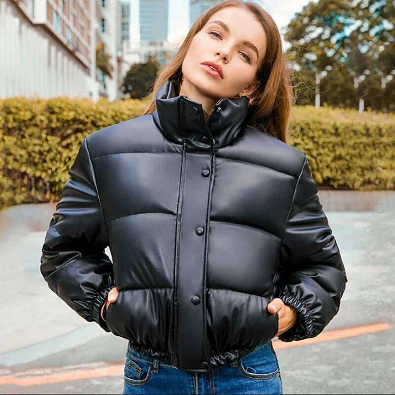 Women's Thick & Warm PU Leather Short Parka - Stylish Black Canvas with Soft Padding