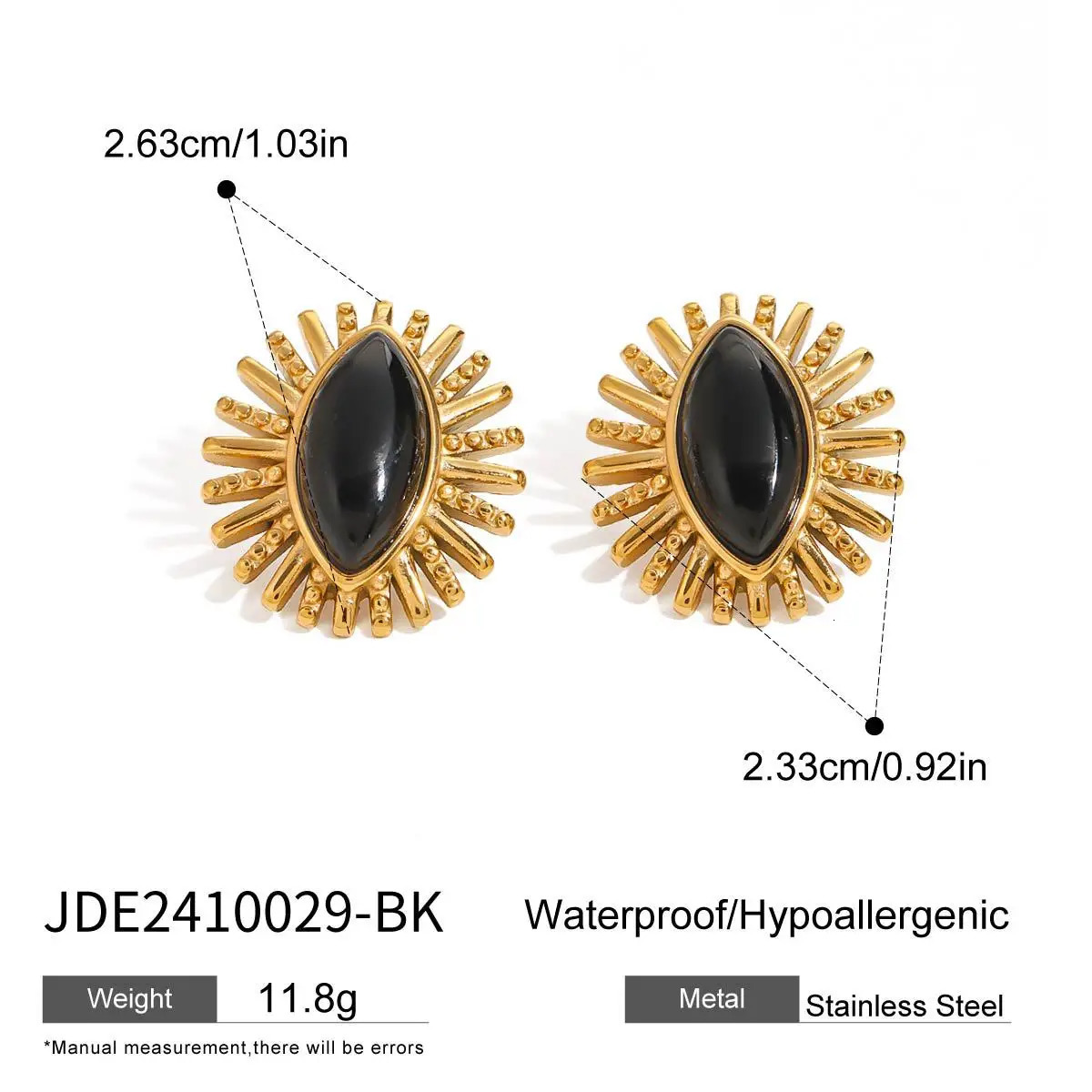 Black stone agate eye stud earrings stainless steel earrings for women elegant statement vintage jewelry non tarnish 250618