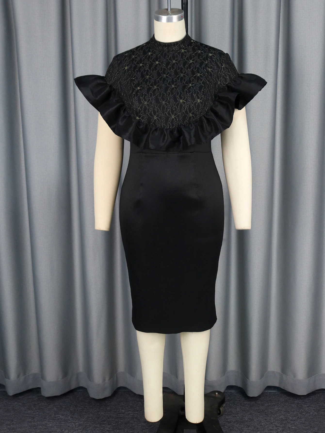 Black Vintage Dress Women's Lace Ruffles Batwing Sleeve Bodycon Evening Party Church Wedding Guest