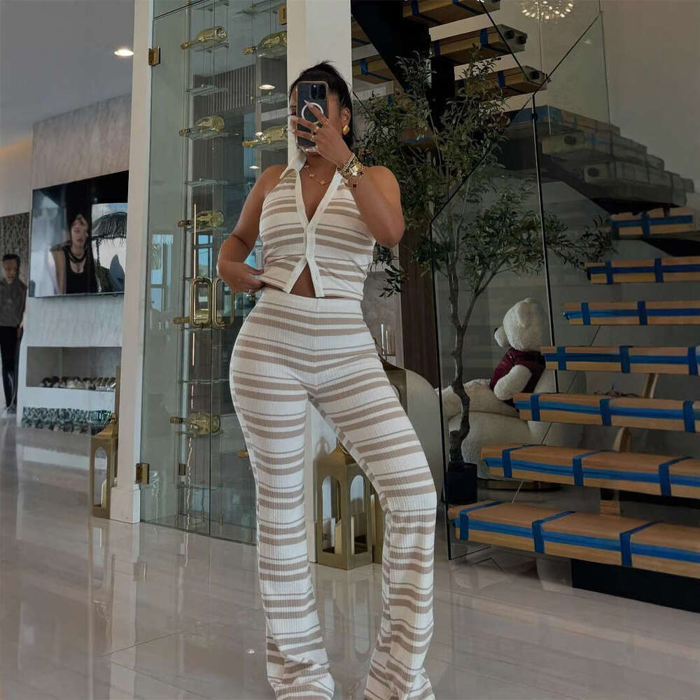 Summer New Women's Casual Shirt Collar Sleeveless Top Waist-Hugging Long Pants Set B5