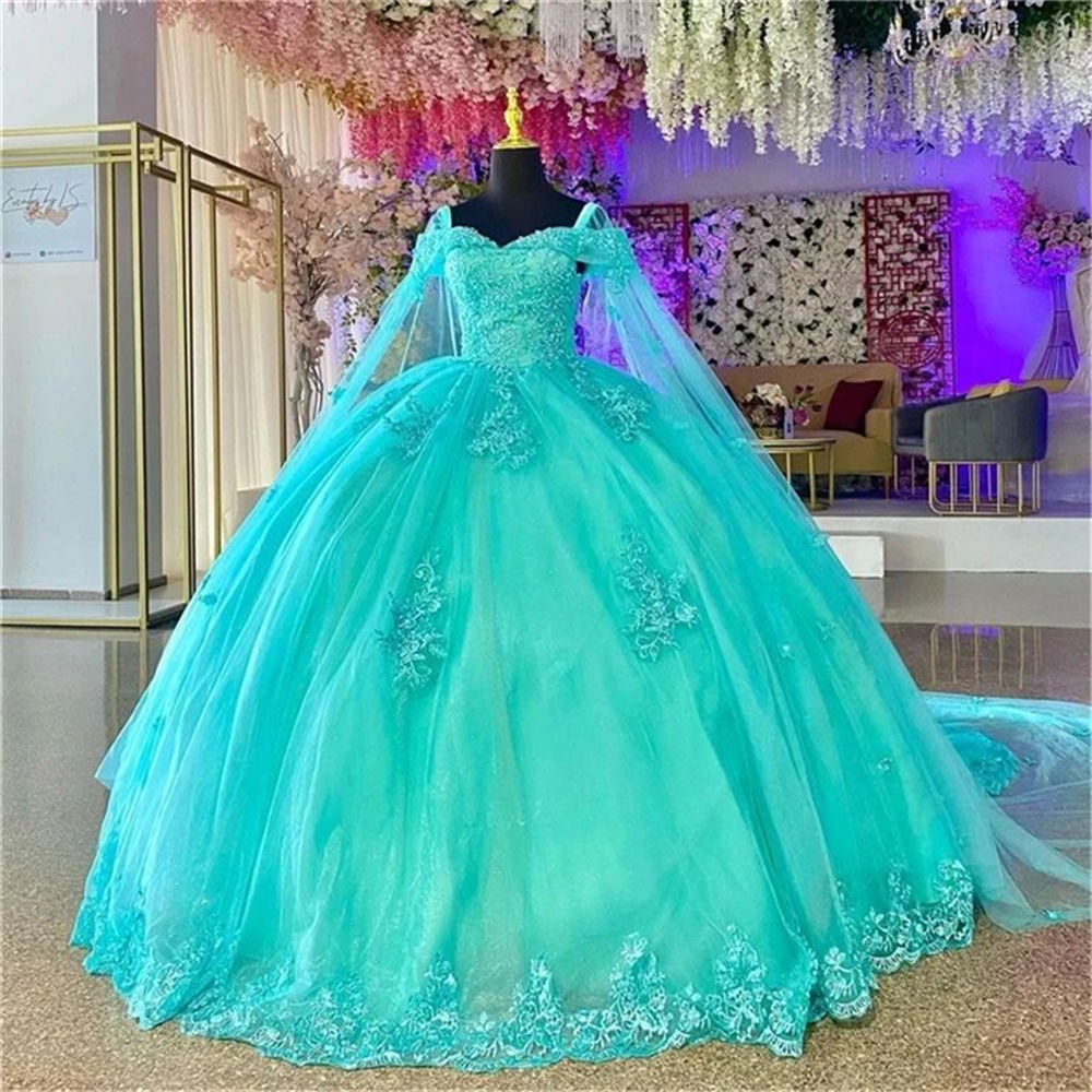 Ball Gown Quinceanera Dresses Wrap Appliques Sequins Sweetheart Tulle Lace-up Plus Size Sweet 15 16 Princess Birthday Party Gowns Vestidos De 15 Anos 
