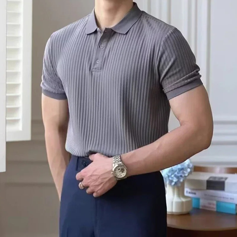 Male Casual Vintage Comfortable Lapel T-shirt Knitted Top 2025 Summer Men Trendy Striped Solid Color Short Sleeve Polo Shirt 250617