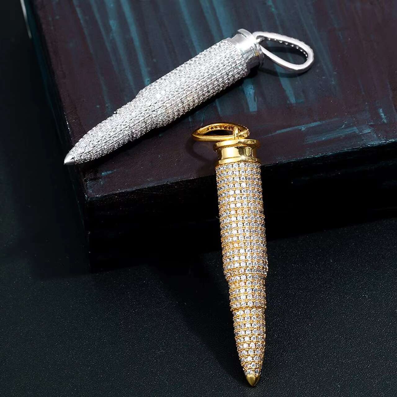 New Arrival 14K Gold Plated VVS Moissanite Diamond Pendant Necklace Bullet Design in Hip Hop Style Iced Gemstone Necklace