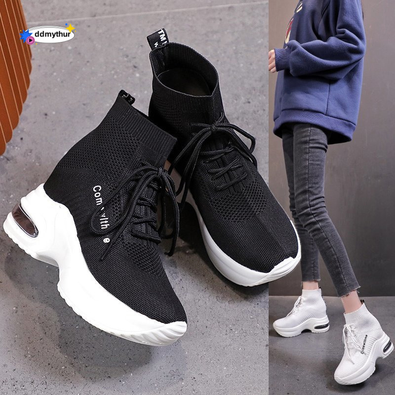High-top Elastic Sock for Women, Hidden Wedge Casual Sneakers, Sporty White Shoes ddmythur