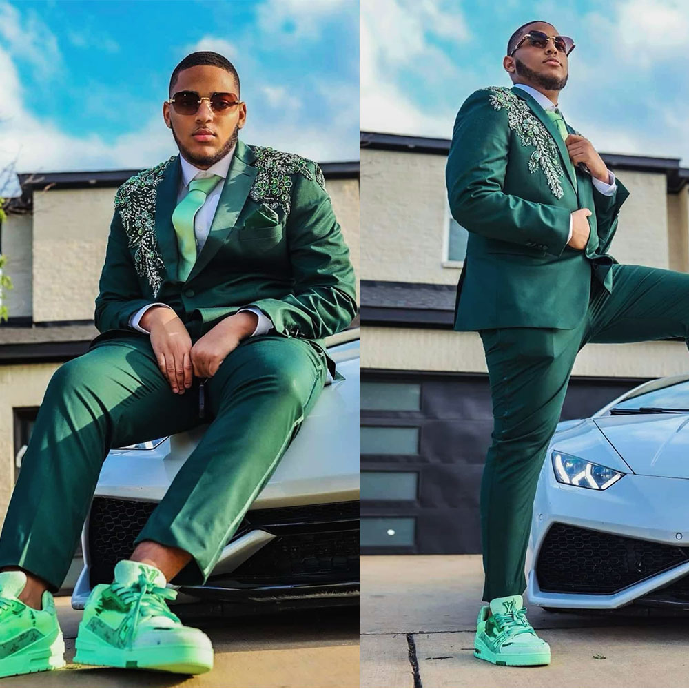 Vintage Men Suits Notched Lapel Appliques Tailor-Made 2 Pieces Set Jacket Crystal Blazer Two-Button Groom Customized Coat Pants Plus Size