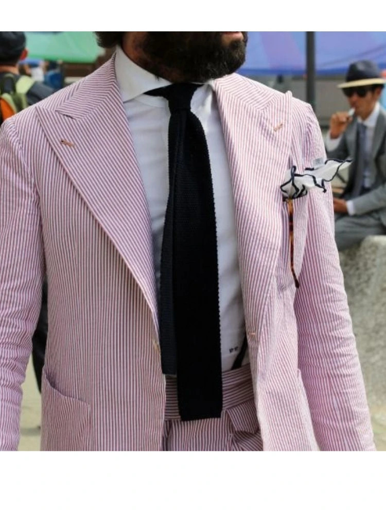 Dark Pink Seersucker Stripe Men Suits Peaked Lapel One Button Blazer Pants 2Pcs Set Mens Clothing Summer Beach Suits for Man 250618