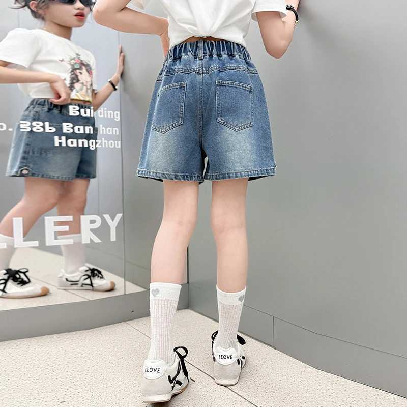 Girls one-line bag denim shorts 2025 new summer thin fashion jeans casual sports shorts 5-15 years oldC250617