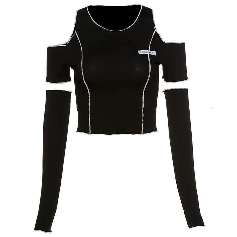 Women's Autumn Winter New Fashion Tag Slim Fit Round Neck Off-Shoulder Short T-Shirt For Women B5