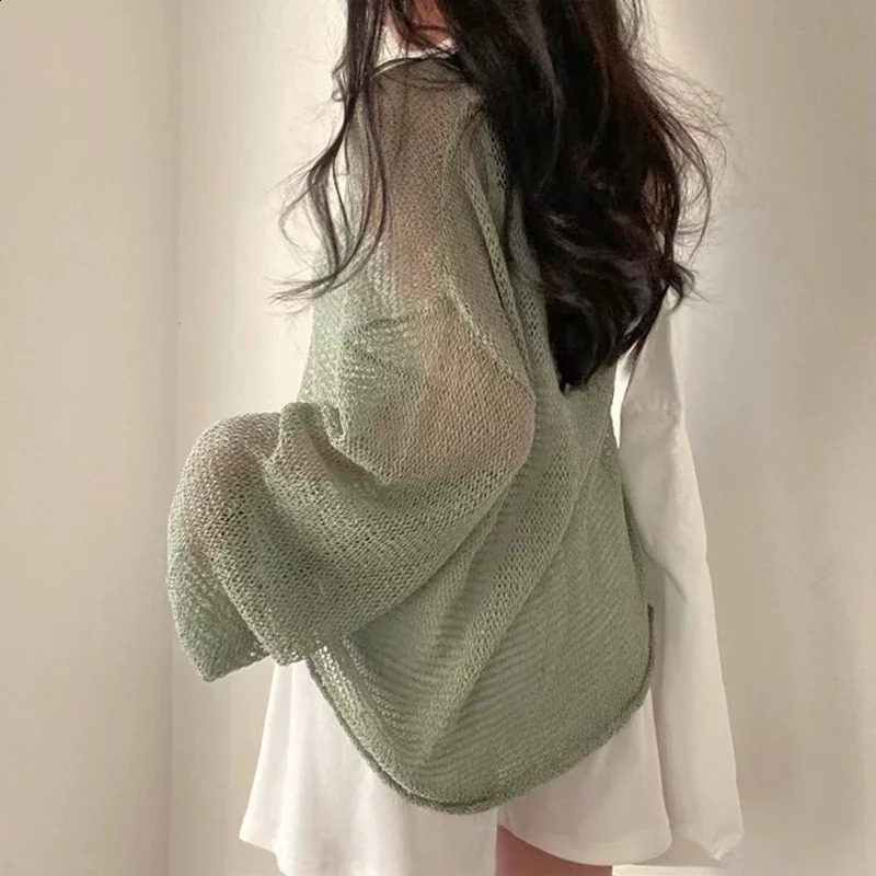 Women Hollow Out Sexy Loose Shirts Knit Lantern Sleeve Casual Tops Beach Mesh Chic Tees For Women Autumn Winter 250614