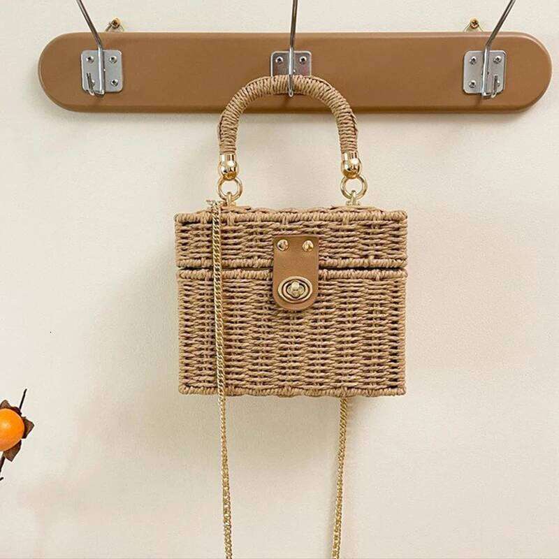 Rattan Straw Shoulder Bag Women Boho Hand-Woven Basket Messenger Pouch Summer Beach Square Box Top-handle Handbag for Lady
