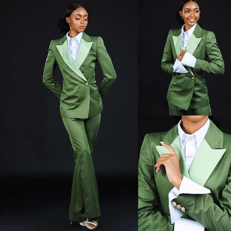 Formal Green Women Pants Suits Peaked Lapel Long Sleeve Work Wear Prom Birthday Party Customized Blazer 2 Pieces