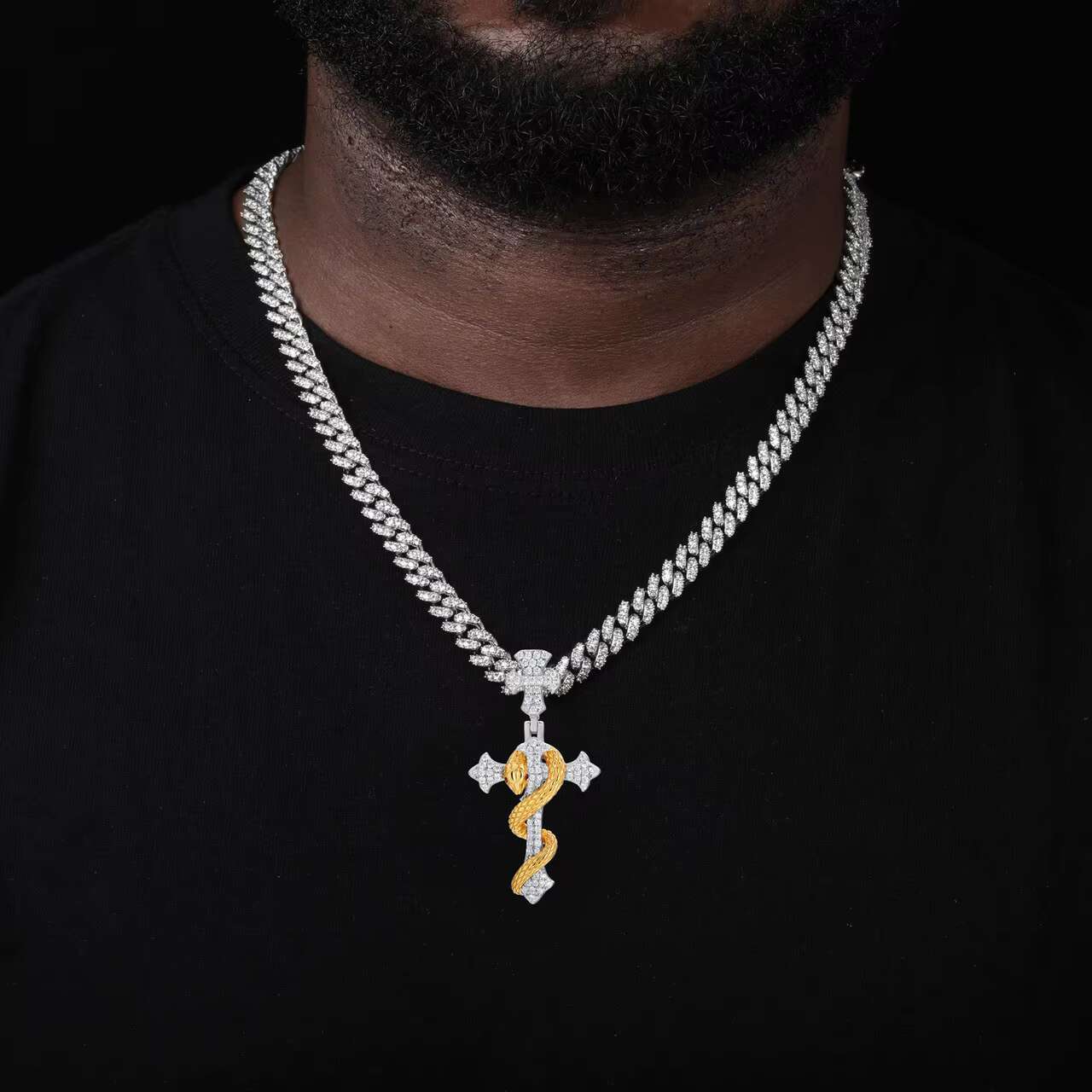 Luxury Mens Moissanite Necklace with Exclusive Solid 925 Sterling Silver Coral Snake Cross Pendant Unique Design