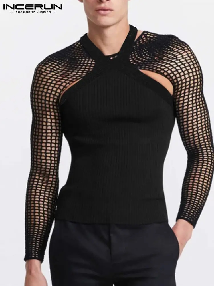 INCERUN Fashion Men T Shirt Sexy See Through Mesh Hollow Two Pieces Sets Tops Streetwear Party Nightclub Men Clothing S-5XL 250617