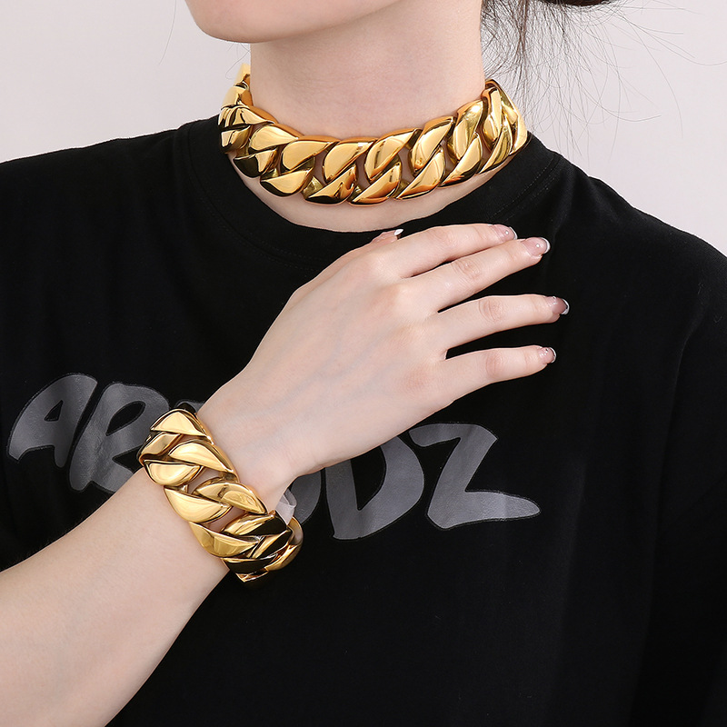 32mm Hip Hop Solid Stainless Steel Miami Cuban Chain Necklace 18K Real Gold Plated Women Mens Heavy Jewelry