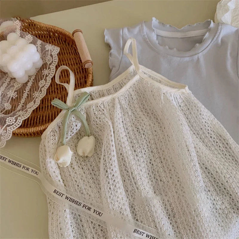 Childrens Clothing 2025 Blue ClothingCamisole Skirt set Summer Sweet Tulip Vest Knitted Skirt Korean Version Baby Set Stylish 250617