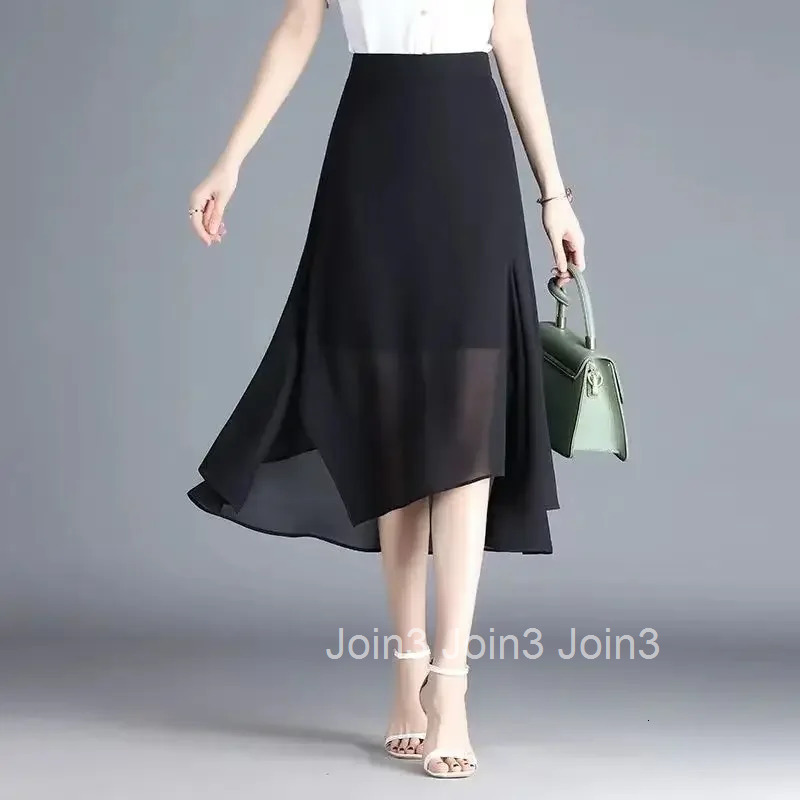 With Slit Woman Skirt Chiffon Midi High Waist Black New in Clothing Trend 2025 Quality Stylish Harajuku Summer Skirts for Women
