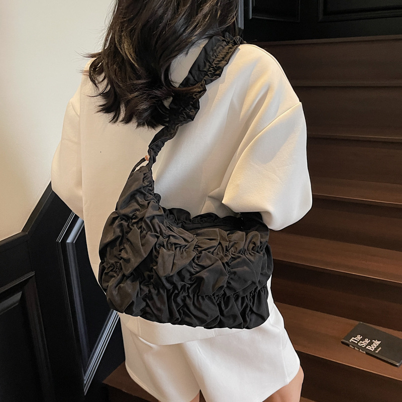 Free Shipping For Designers Korean Pleated Wave Edge Cloud Bag For Luxury Bag Women 2025 New Drawstring Shoulder Bag Large Capacity Nylon Fabric Cross