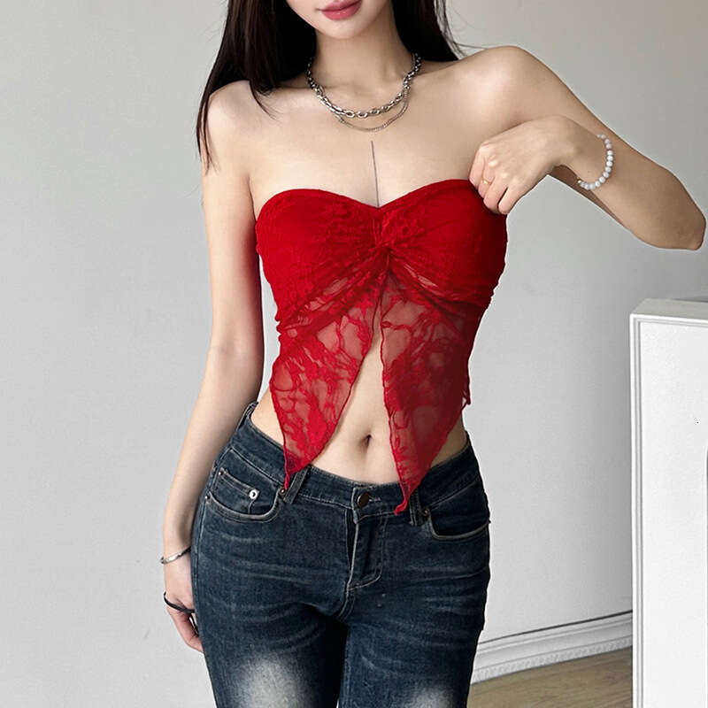Summer New Women's Fashion Solid Color Slim Street Style Off-Shoulder Mesh Tube Top Vest B5
