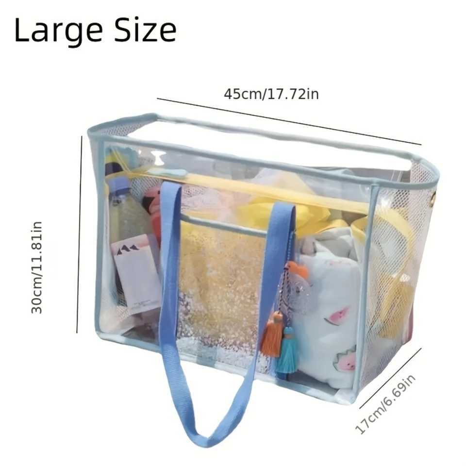 Capacity Transparent Mesh Beach Tote Bag - Waterproof Sandproof Ideal for Beach Sports Toy - Durable Clear PVC Design B250618