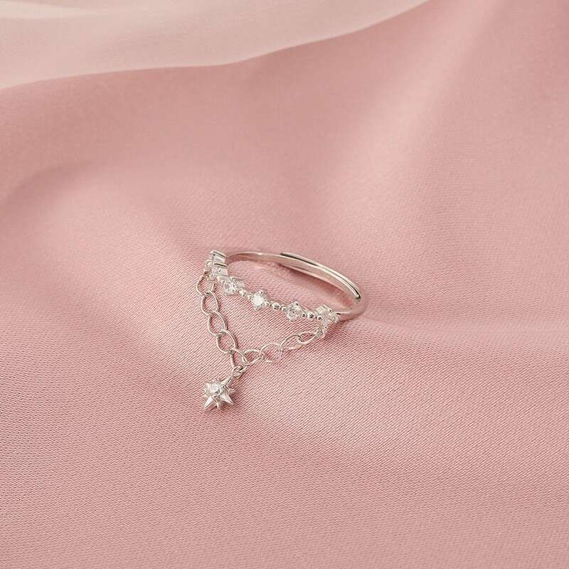 Trendy Luxury Star Adjustable Open Ring for Women with Hexagram Double Layer Chain