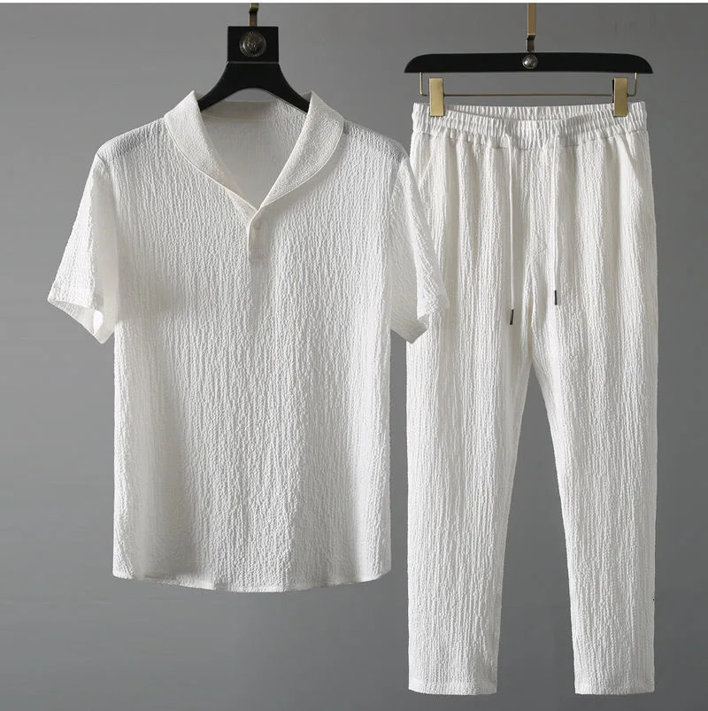 Mens Ultra-thin Two-piece Ice Silk Summer Set Two-piece Set Loose Fit Mid Sleeve T-shirt Sportswear Light Thin Quick 250617
