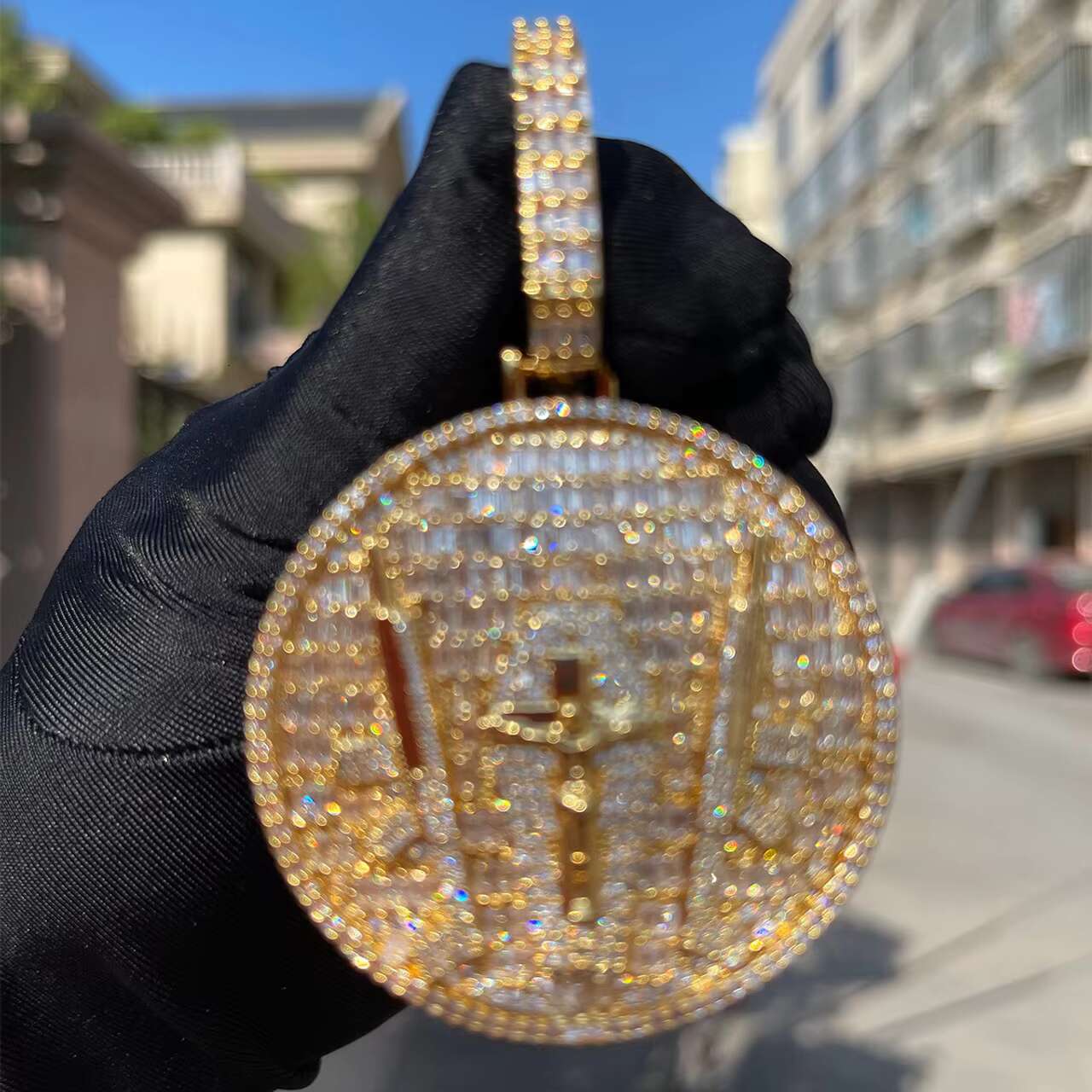 Trendy 24K Jesus Piece God of Protection with Ultimate Weapon Christian Cross Moissanite Pendants Charms