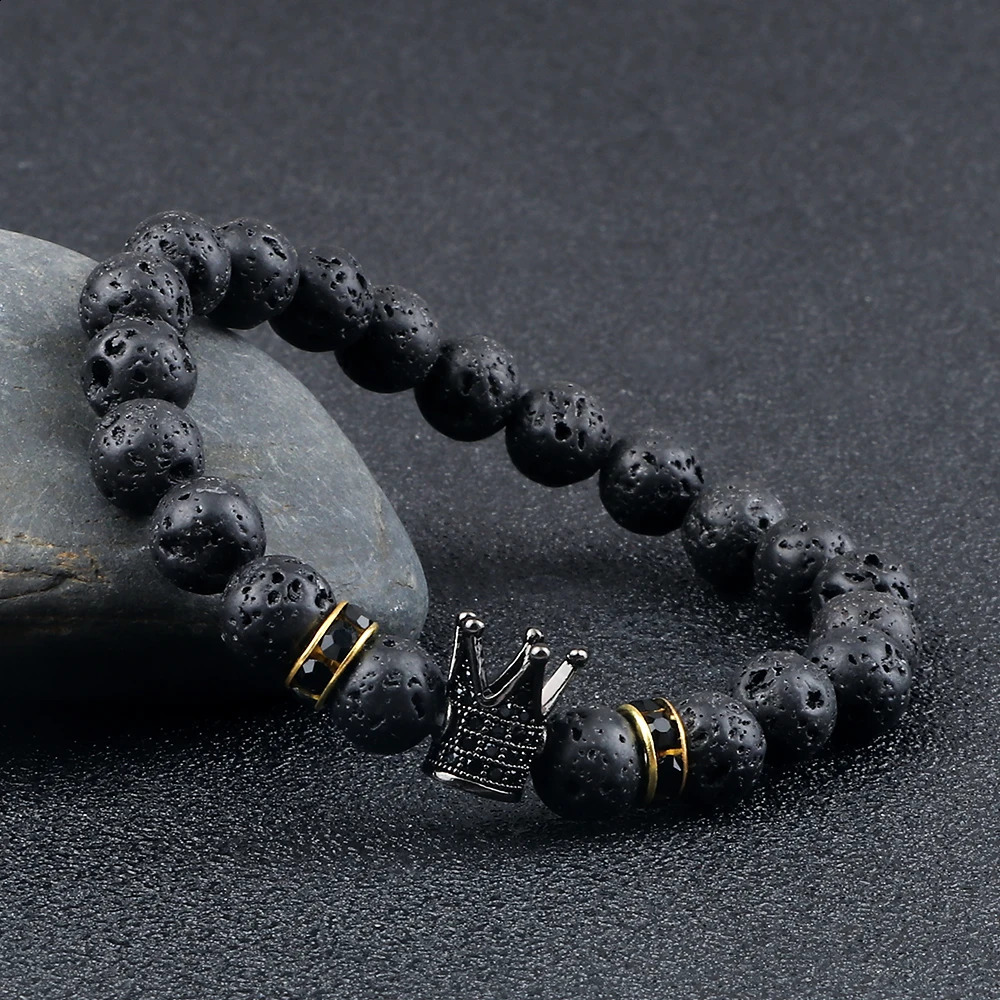 Vintage CZ King Crown Charm Bracelets For Men 8mm Natural Black Lava Stone Beads Stretch Fashion Women Healing Jewelry 250613