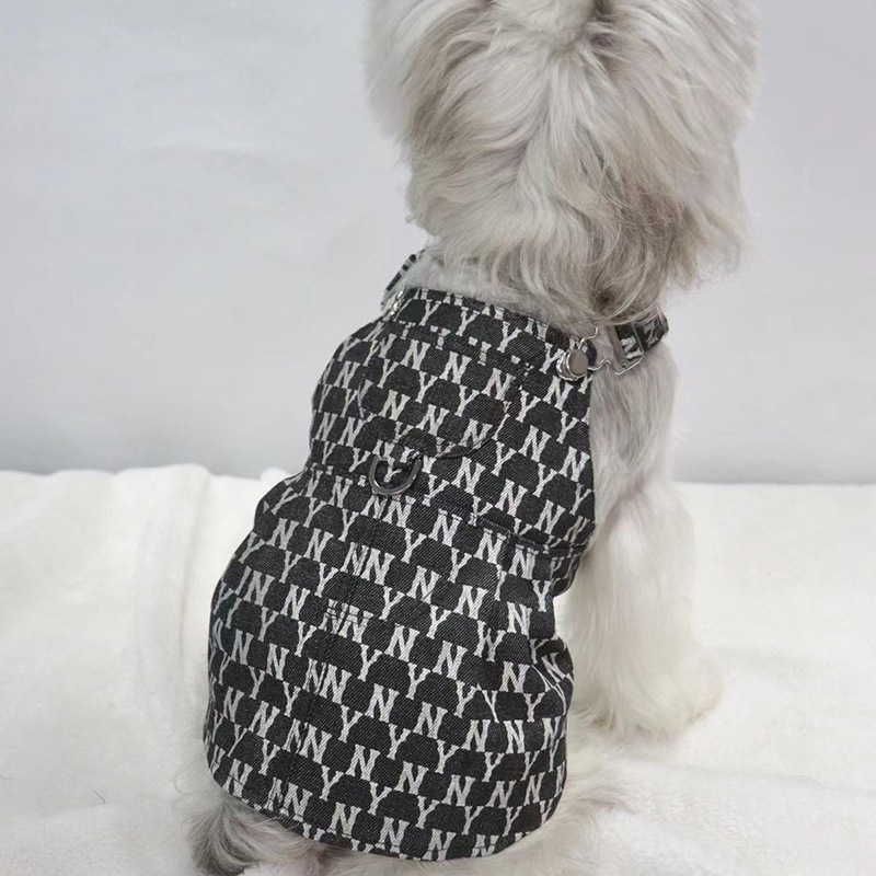 Pet Dog Harness Dress, Luxury Imitation Design 'NY' Pattern Letter print, Princess Puppy Dresses with Button Closure, Summer Dog Clothes for