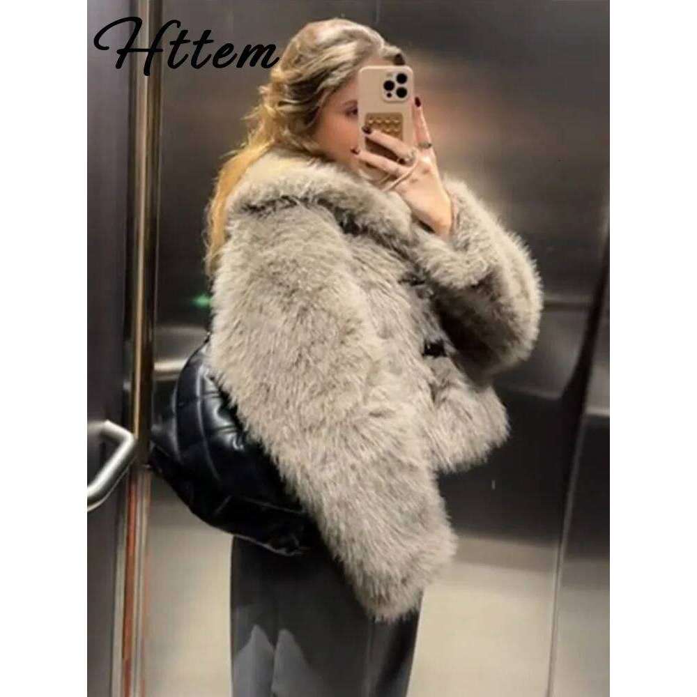 Winter Faux Fur Jacket Women Loose Fluffy Lapel Brown Long Sleeve Warm Jackets 2024 Autumn Thicken Lady Coat