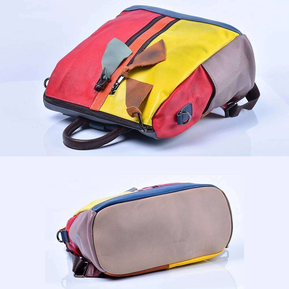 Genuine Leather Cowhide Women Backpack Colorful Vintage Clash Casual Handmade Women's Shoulder Bags