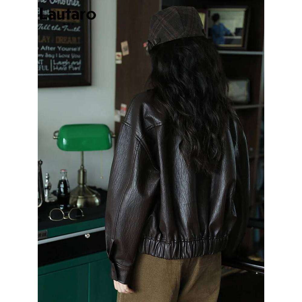 Lautaro Spring Autumn Cool Handsome Short Brown Hard Pu Leather Jacket Women Zipper Long Sleeve Designer Clothes