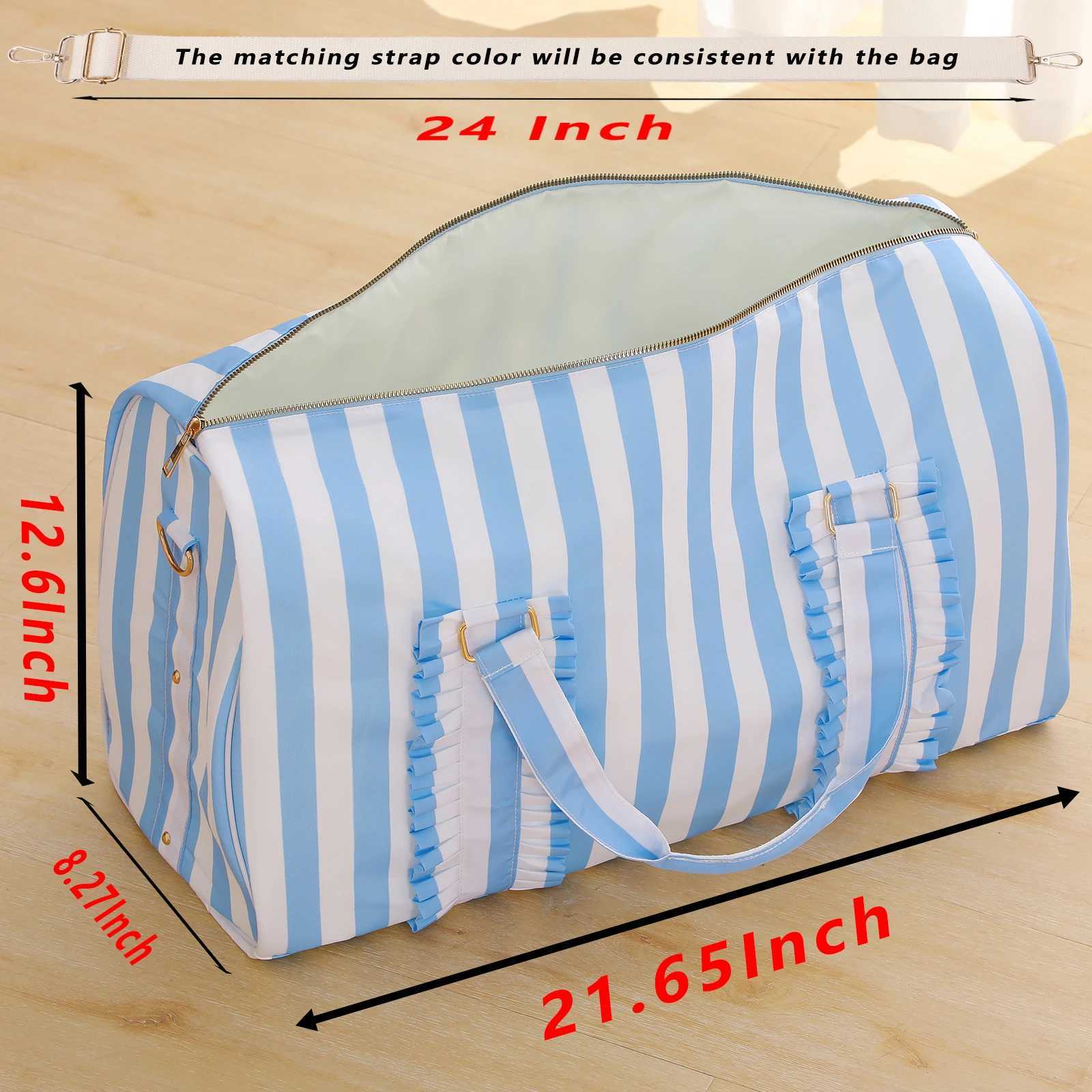 Nylon Duffel Bag Women Ruffle Duffle Gingham Weekend Sports Overnight Travel Vacation Gift Stripe Detachable Adjustable Strap W250618