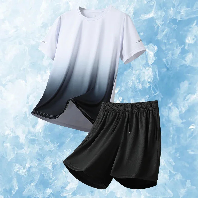 Men Running Fitness Thin Short 2-piece Set Summer Ice Silk Gradient Tracksuit Men Sports Suit Short Sleeve T Shirt Shorts Sets 250617