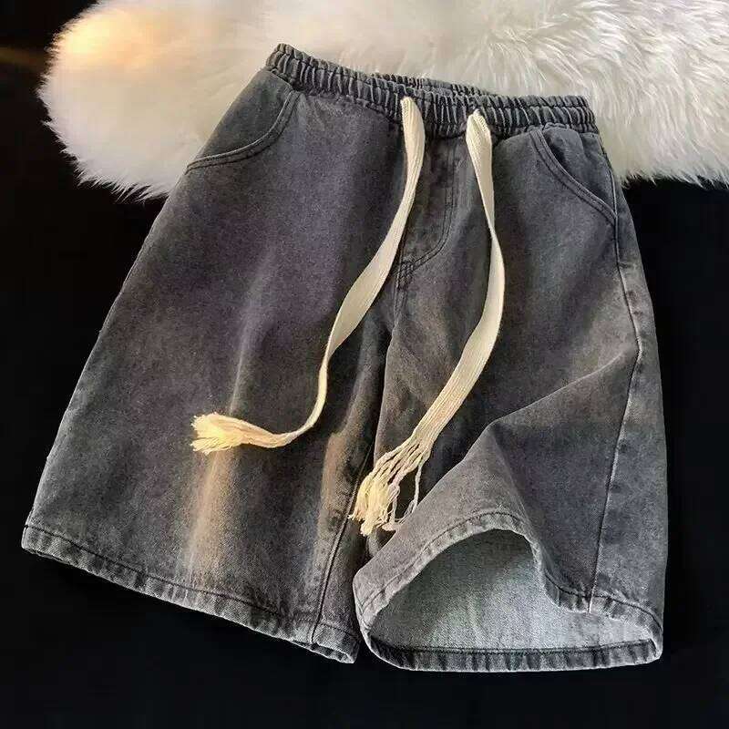 Men's Casual Thin Five-Point Denim Shorts, Vintage American Style Drawstring Loose Fit Straight Leg Summer Shorts