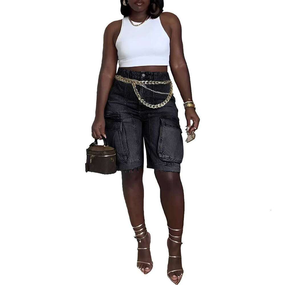 Wear Cm.Yaya Women Fashion Pocket Side Straight Knee Length Cargo Jeans Summer Party Street Short Pants