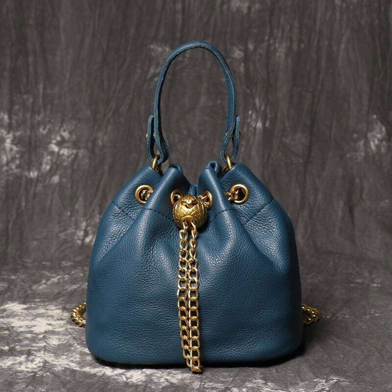New Manual First Layer Cowhide Makeup Bags Fashion Casual Bucket High Quality Soft Chain Bag