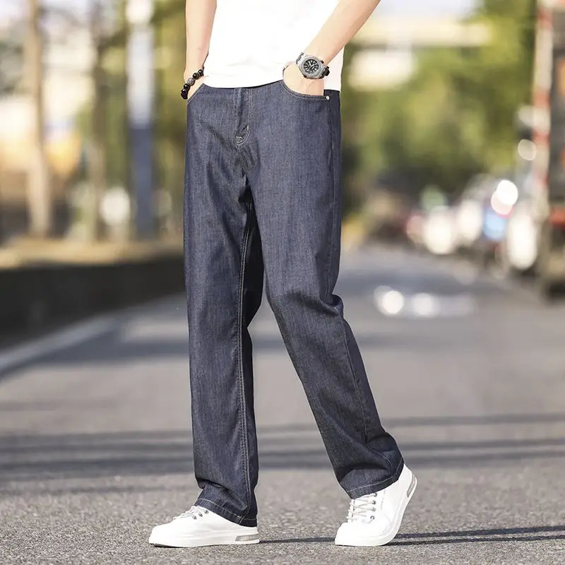 Summer Thin Mens Elastic Cotton Jeans Fashion Blue Comfortable Business Straight Casual Pants Male Clothes Trousers jeans 250617