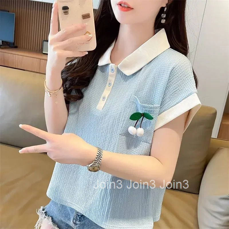 Embroidery Woman Tshirt Summer Outfit Polo Neck T Shirt for Women Clothing Sales Youthful Elegant Clothes with Collar Trend 2025