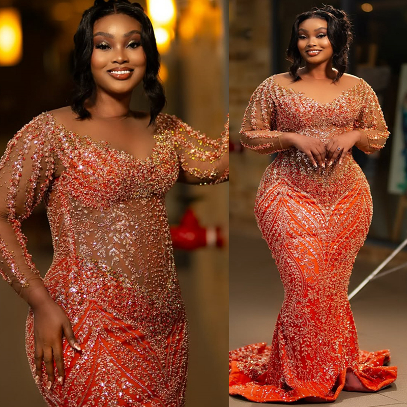 2025 Plus Size Aso Ebi Prom Dress Mermaid Prom Dresses Evening Formal Gowns Sheer Neck Illusion Long Sleeves Beaded Lace Birthday Dress Second Recepti