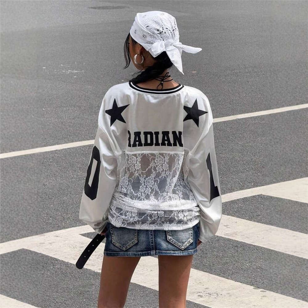 Summer New Women's Fashion Personality Trendy Printed Lace Sheer V-Neck Sweatshirt B5