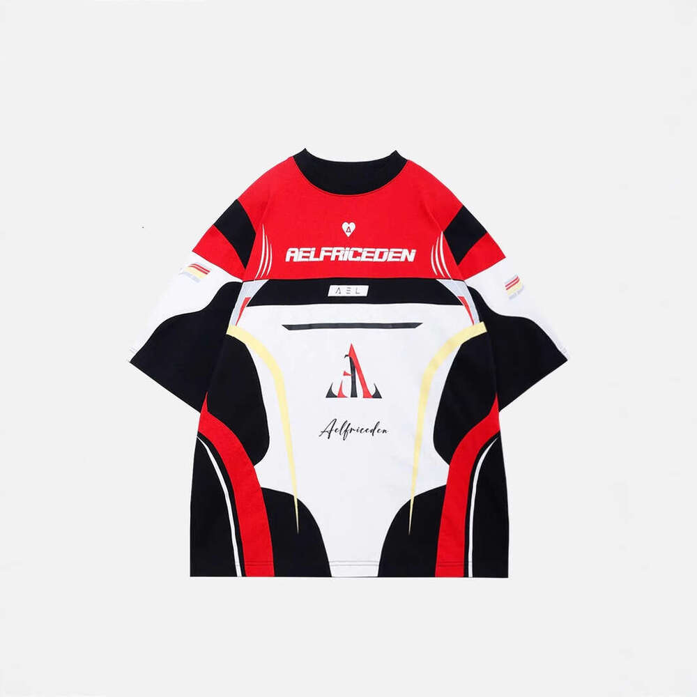 Autumn New Trendy Fashion Printed Motorcycle Style High Street American Short Sleeve Top Color Block T-Shirt For Women B5
