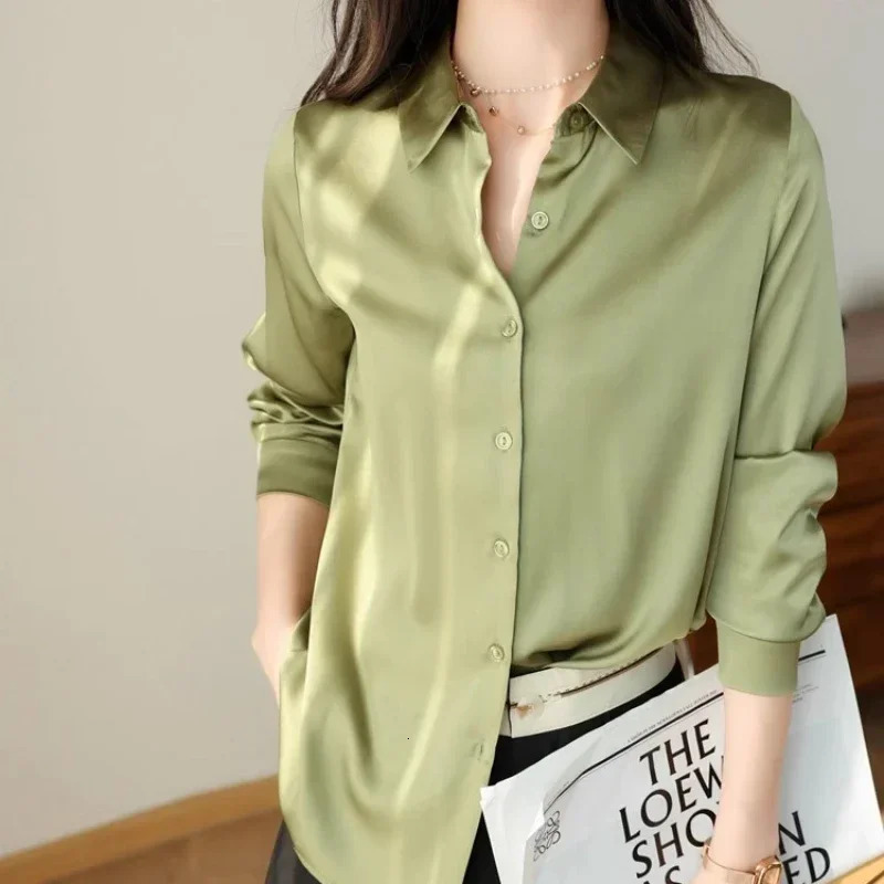 Satin Womens Shirt Blouses for Women Fashion Korean Style Tops Office White OL Loose Elegant Clothing 250617
