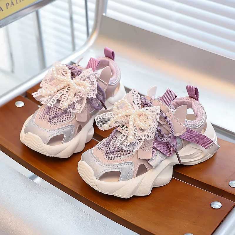 Girls Princess Shoes Mesh Breathable Kids Sports Sandals Sweet Lace Bows Beading 2025 Summer New Children Running Shoes Non-slip Z250618