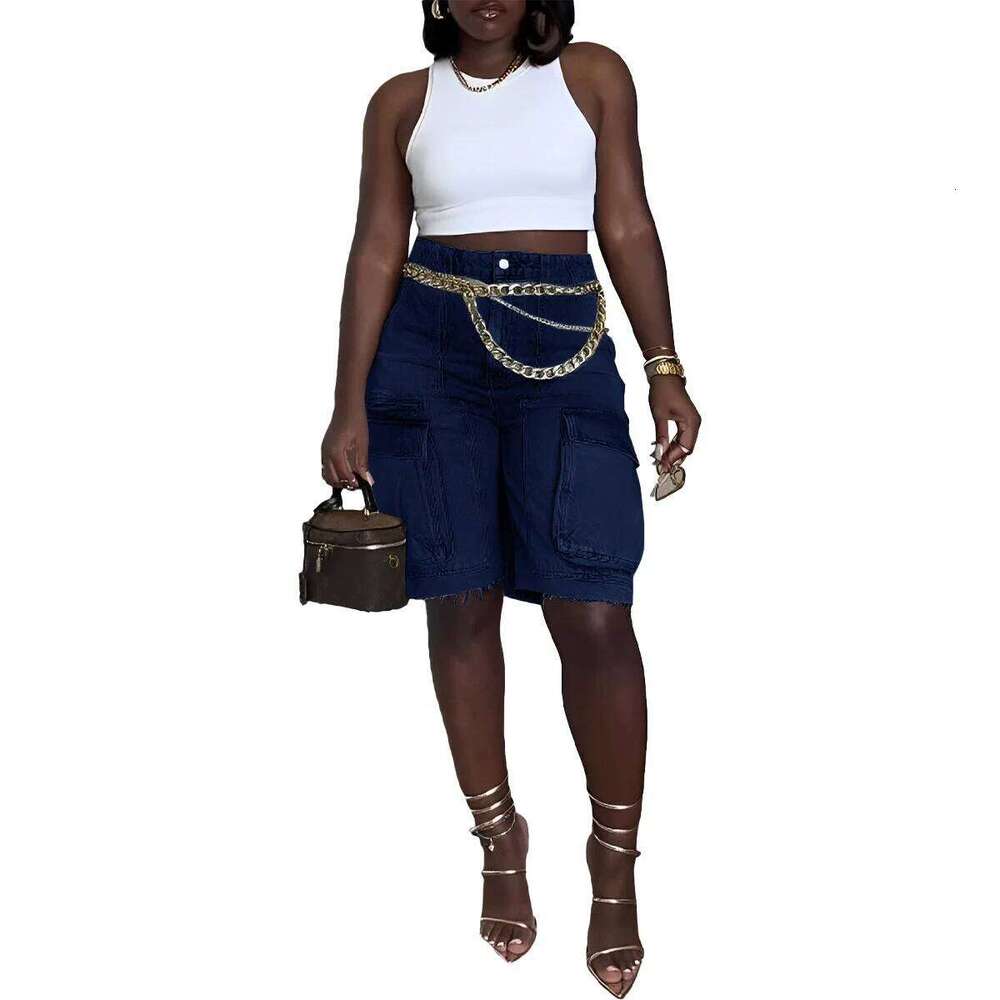 Wear Cm.Yaya Women Fashion Pocket Side Straight Knee Length Cargo Jeans Summer Party Street Short Pants