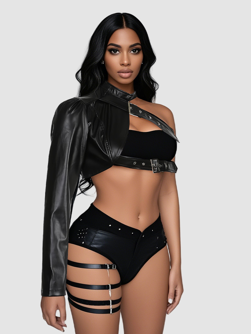 2025 Black Punk Single Shoulder PU Leather Coat Rock Dance Versatile Irregular European and American
