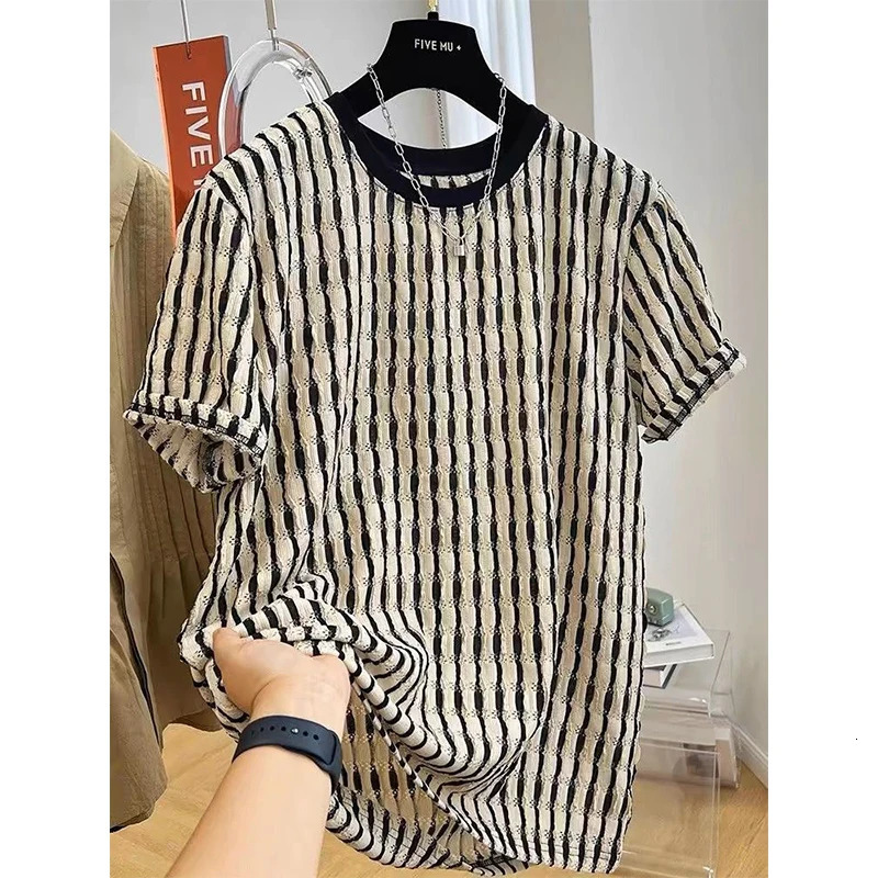 Korean Fashion Summer T-Shirts Mens O-neck Panelled Hollow Out Jacquard Weave Temperament Casual Loose Short Sleeved Knit Tops 250617