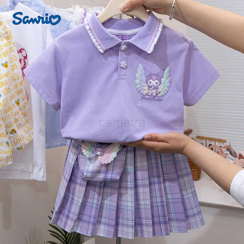 Sanrio Kawaii Kuromi Kids Plaid Skirt Set Korean Childrens Clothes Summer Fashion Sanrio Anime Cute Girl T-Shirt Pleated Skirt 2PcsXJ250618