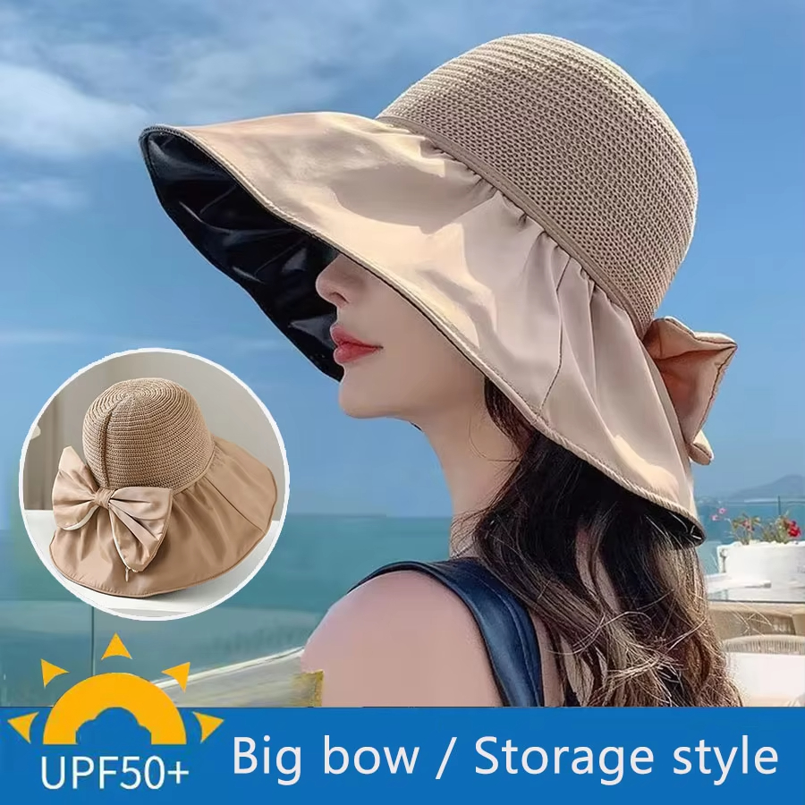 UPF 50+ Black Coating & Bow Sun Hat Women Summer Outdoor Sun Protection Wide Brim Hat Foldable Bucket Hat Beach Cap Fold Fisherman Cap Quick Dry Straw